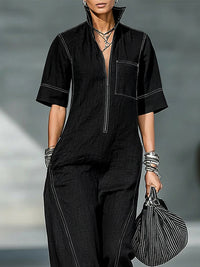 Pockets Solid Color Zipper Loose Short Sleeves Stand Collar Jumpsuits