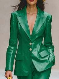 Buttoned Pockets Solid Color Long Sleeves Loose Notched Collar Outerwear Blazer