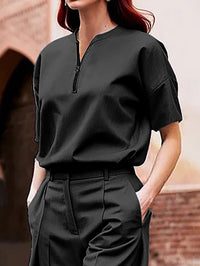 Loose Short Sleeves Solid Color Zipper V-Neck Blouses&Shirts Tops