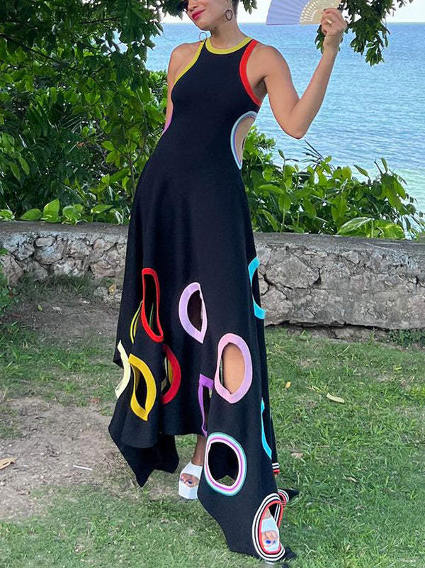 A-Line High Waisted Contrast Color Hollow Round-Neck Maxi Dresses