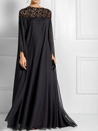 Batwing Sleeves Loose Jacquard See-Through Solid Color Split-Joint Three-Dimensional Flower Round-Neck Maxi Dresses