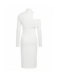 Irregularity Long Sleeves Asymmetric Pleated Solid Color Split-Front Split-Joint Split-Side High Neck Midi Dresses