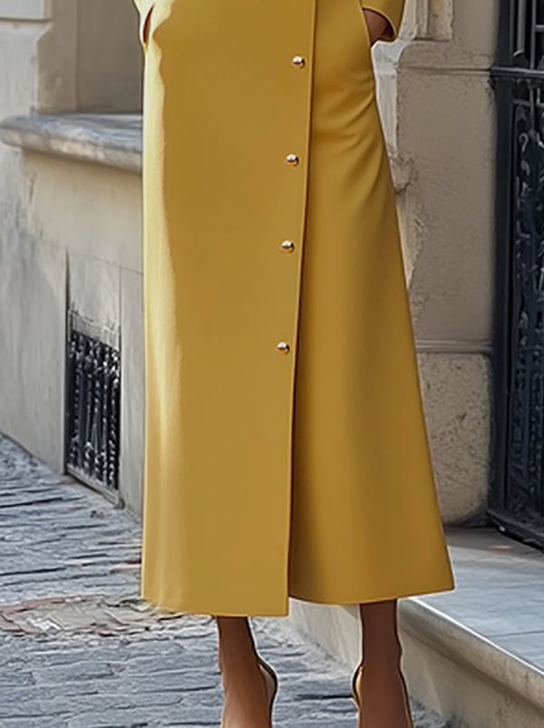 Long Sleeves Loose Buttoned Pockets Solid Color Split-Joint Stand Collar Maxi Dresses