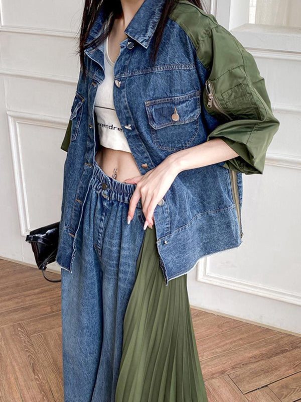 Loose Ninth Pants Contrast Color Pleated Split-Joint Jean Pants Bottoms