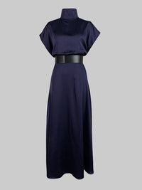 Loose Raglan Sleeve Solid Color Split-Joint Tied Waist High Neck Maxi Dresses