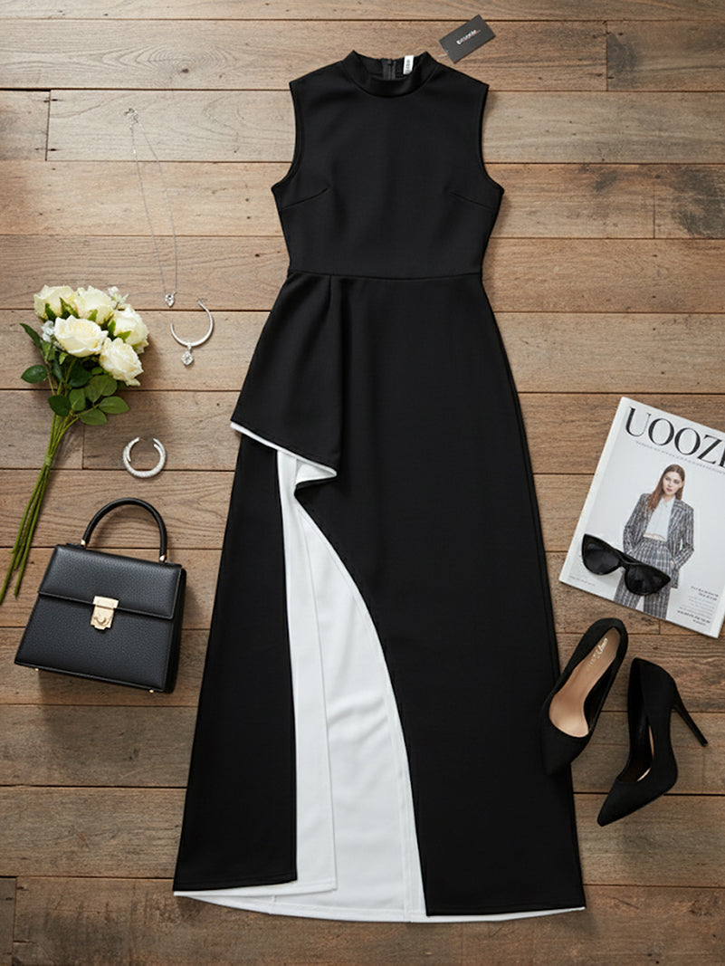 Contrast Color Irregular Clipping Skinny Round-Neck Maxi Dresses