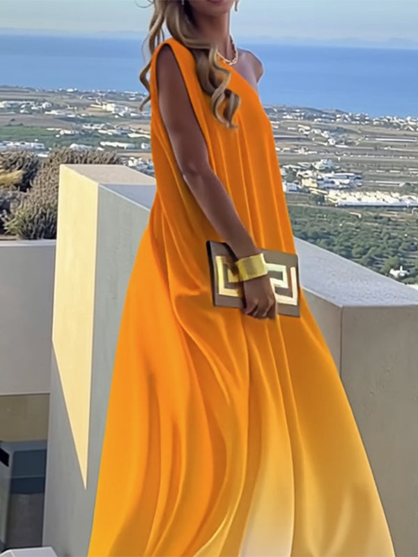 Gradient Split-Joint Loose Sleeveless One-shoulder Maxi Dresses