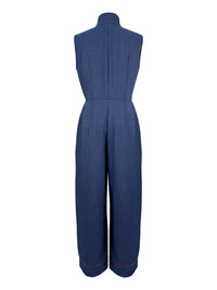 High Waisted Sleeveless Pockets Zipper Stand Collar Jumpsuits