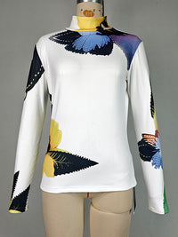 Flower Print Long Sleeves Skinny High Neck T-Shirts Tops