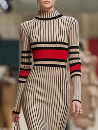 Contrast Color Striped Long Sleeves Skinny High Neck Sweater Dresses Midi Dresses