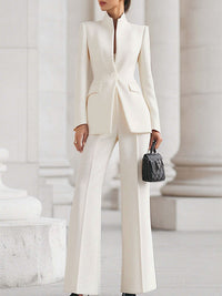 Long Sleeves Buttoned Pockets Solid Color Stand Collar Blazer Outerwear