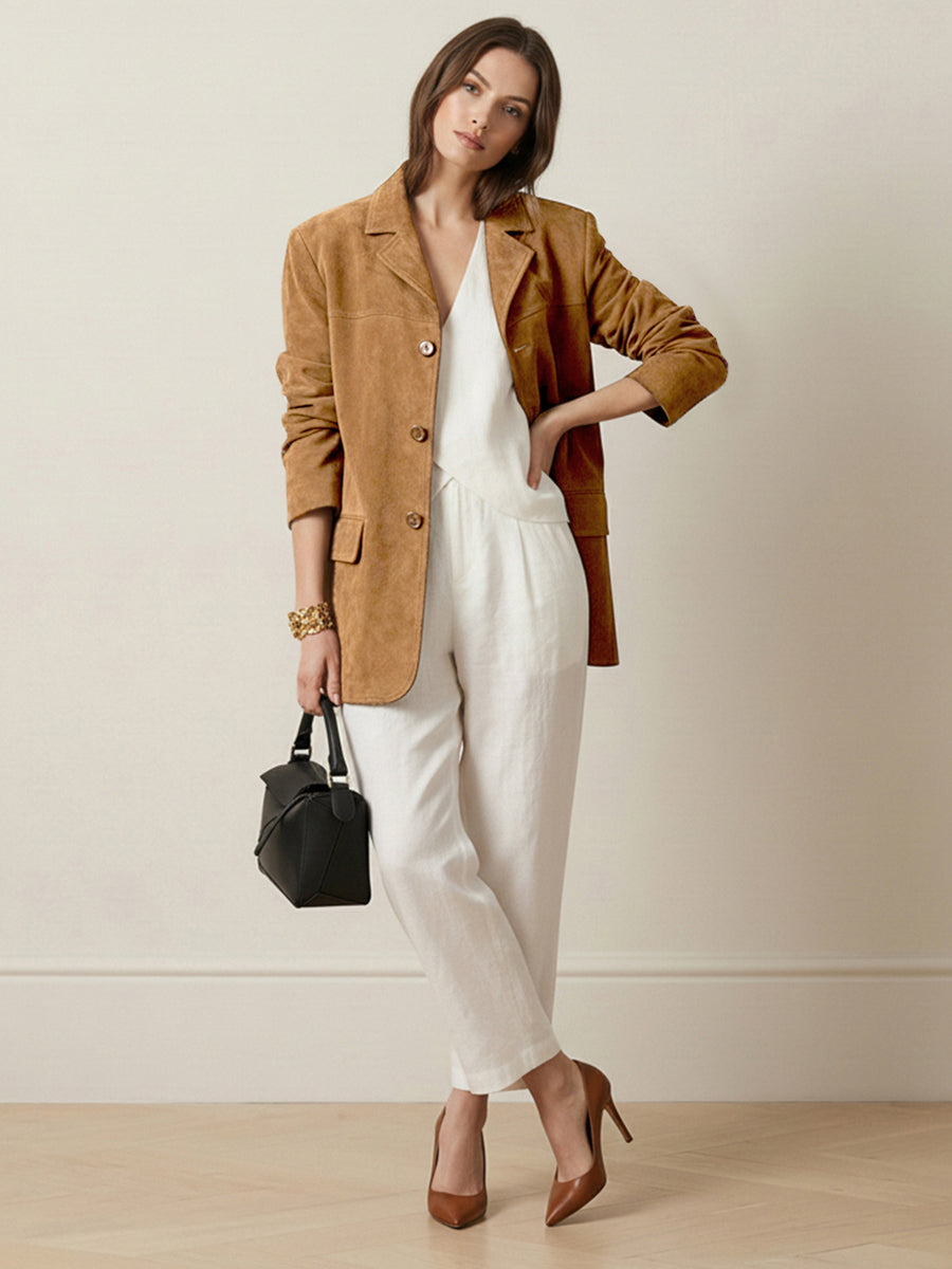 Long Sleeves Loose Buttoned Solid Color Split-Joint Notched Collar Blazer Outerwear