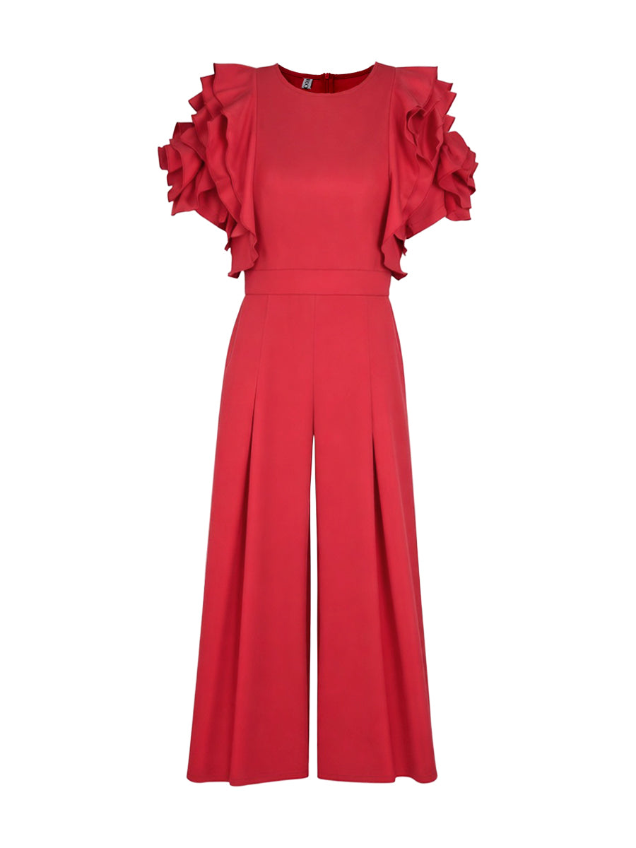 Falbala Solid Color Loose Short Sleeves Round-Neck Jumpsuits