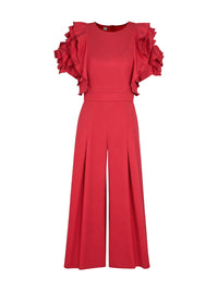 Falbala Solid Color Loose Short Sleeves Round-Neck Jumpsuits
