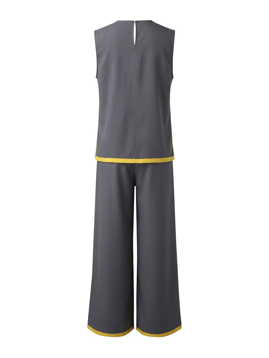 Contrast Color High Waisted Pants + Round-Neck Sleeveless Top Two Pieces Set