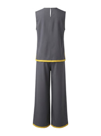 Contrast Color High Waisted Pants + Round-Neck Sleeveless Top Two Pieces Set