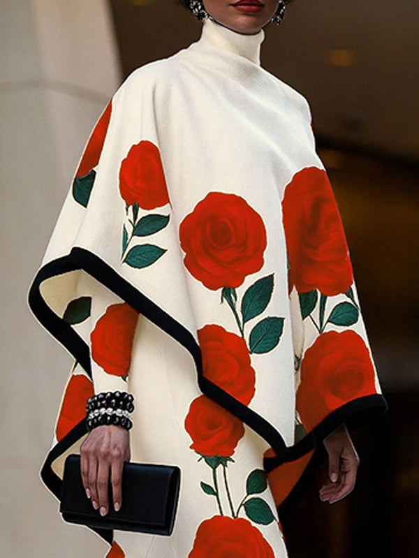 Long Sleeves Loose Flower Print High Neck 1 Piece Cape