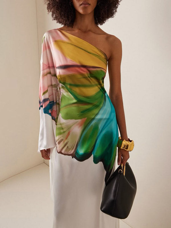 Asymmetric Flower Print Long Sleeves Loose One-Shoulder Maxi Dresses
