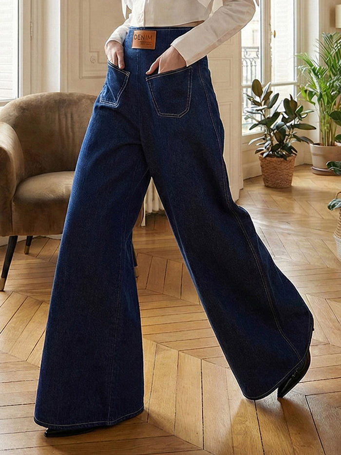 High Waisted Loose Elasticity Pockets Solid Color Zipper Jean Pants Bottoms