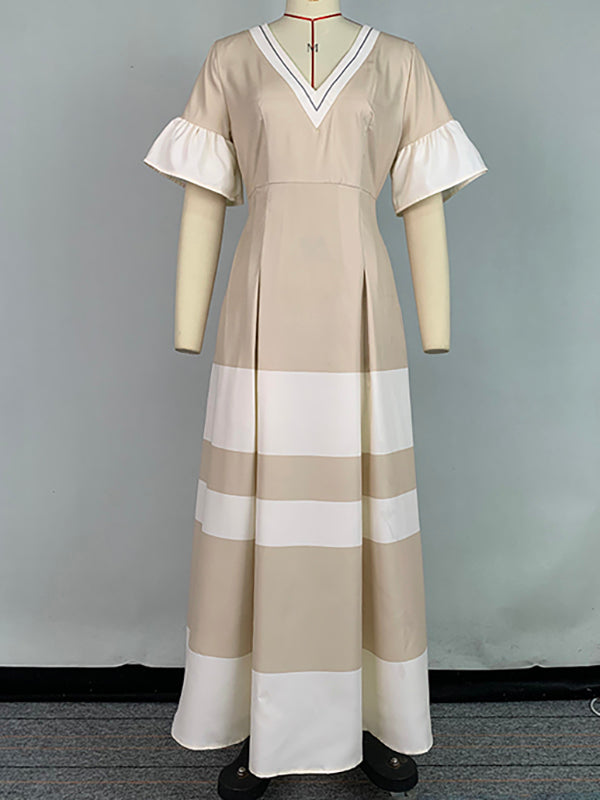 Contrast Color Pleated A-Line Flared Sleeves V-Neck Maxi Dresses