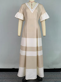 Contrast Color Pleated A-Line Flared Sleeves V-Neck Maxi Dresses