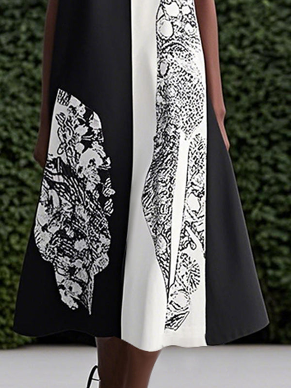 Loose Sleeveless Asymmetric Contrast Color Printed Round-Neck Maxi Dresses
