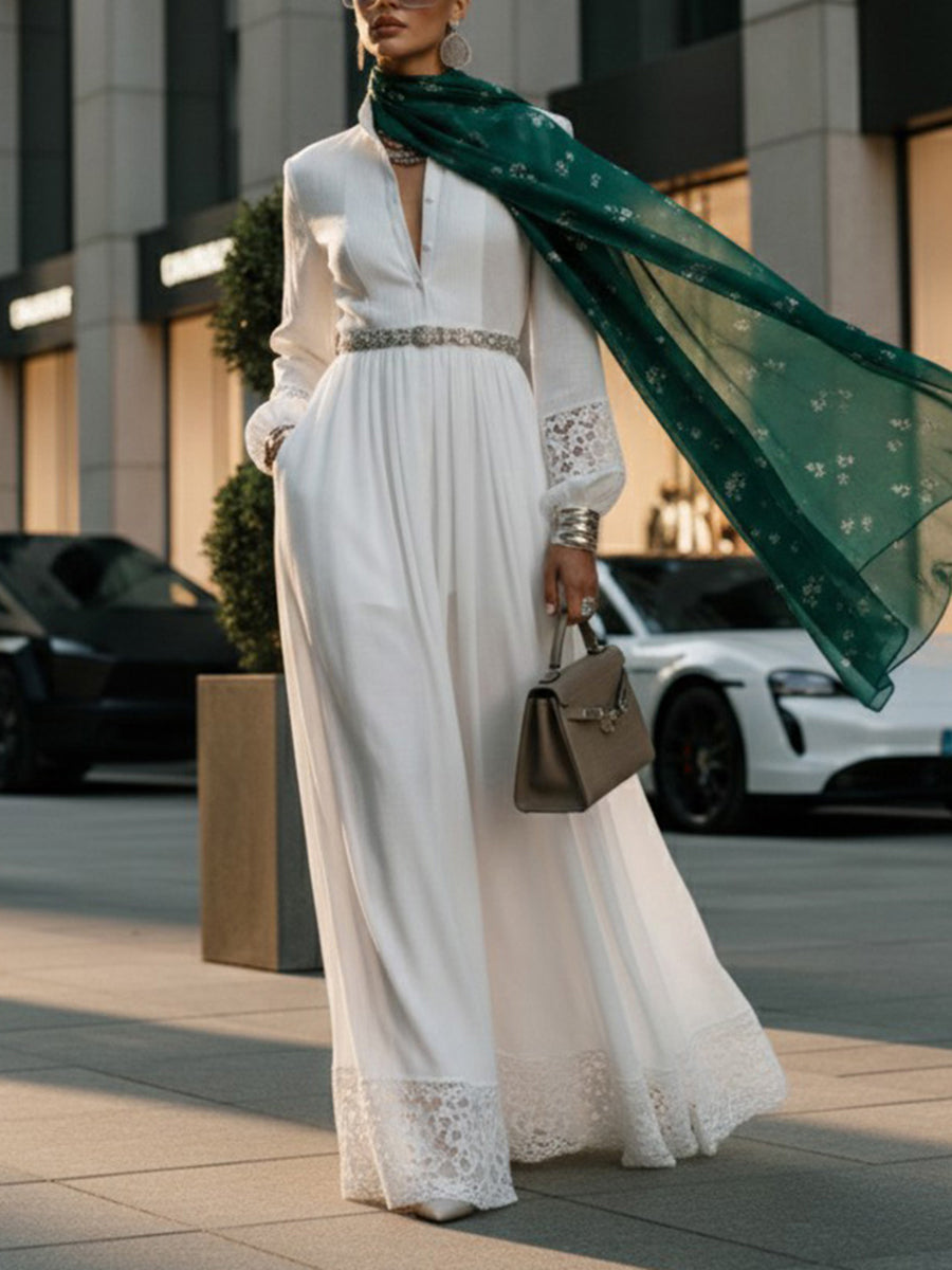 A-Line High Waisted Buttoned Hollow No Belt Pleated Pockets Solid Color Split-Joint Stand Collar Maxi Dresses Shirt Dress