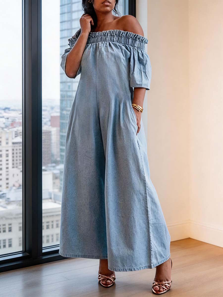 Pleated Solid Color Split-Joint Stretch; Elastic Loose Short Sleeves Off-The-Shoulder Jumpsuits