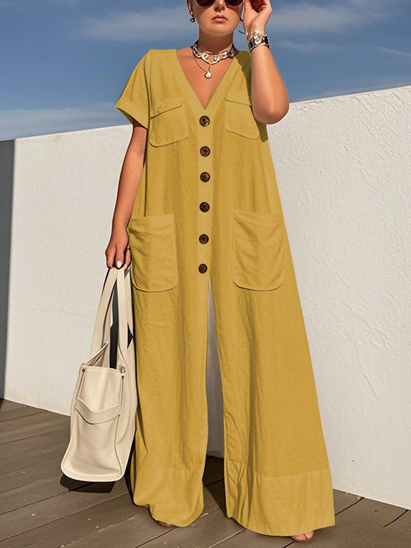 Buttoned Pockets Solid Color Loose Short Sleeves V-neck Jumpsuits