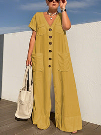 Buttoned Pockets Solid Color Loose Short Sleeves V-neck Jumpsuits