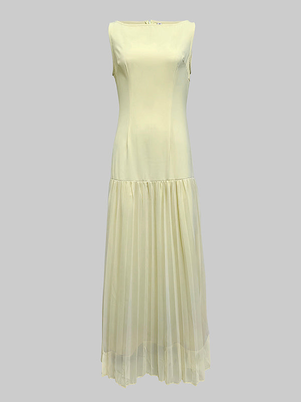 Gauze Pleated Solid Color Split-Joint Sleeveless Boat Neck Maxi Dresses Evening Dresses