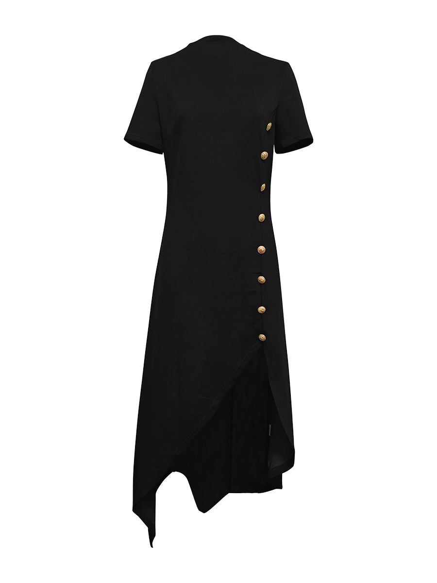 High-low Short Sleeves Buttoned Solid Color Round-neck Maxi Dresses