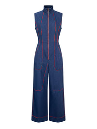 High Waisted Sleeveless Pockets Zipper Stand Collar Jumpsuits