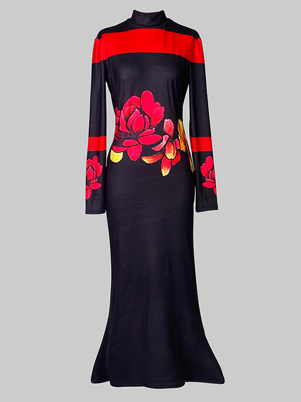 Flower Print Bodycon Long Sleeves High Neck Midi Dresses