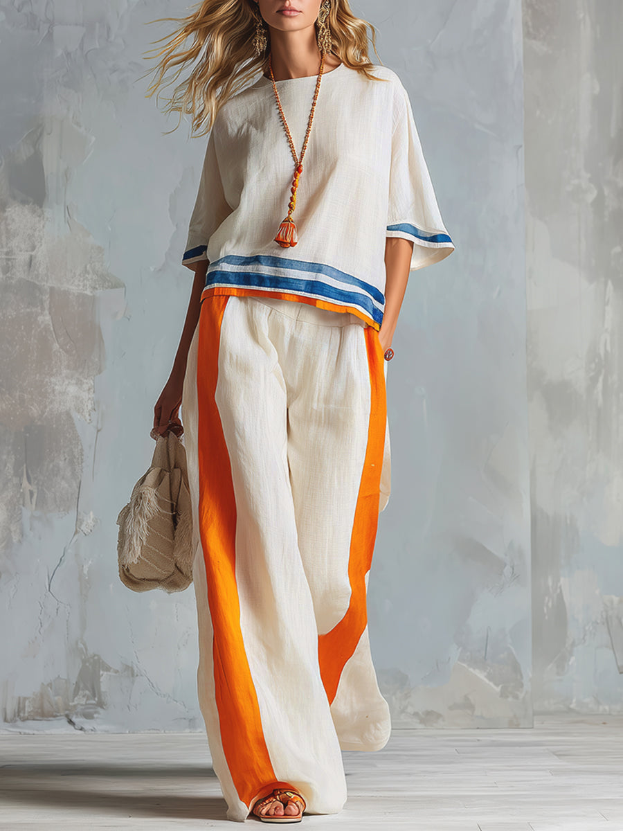 Pockets Striped High Waisted Loose Trousers Pants