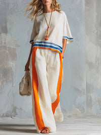 Pockets Striped High Waisted Loose Trousers Pants