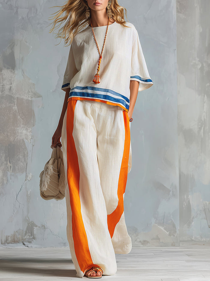 Pockets Striped High Waisted Loose Trousers Pants