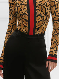 Long Sleeves Skinny Contrast Color Leopard High Neck T-Shirts Tops