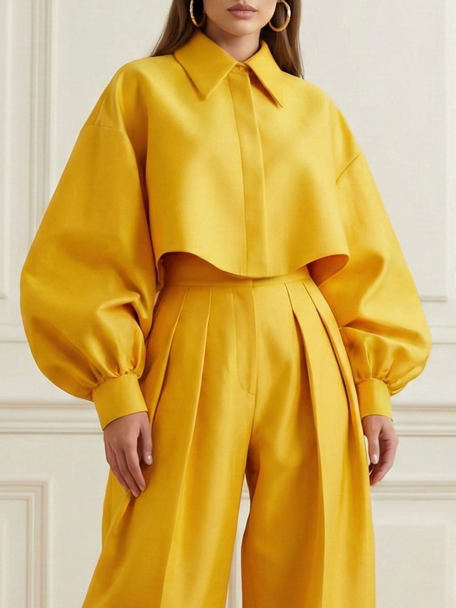 Buttoned Pleated Solid Color Long Sleeves Loose Lapel Blouses&Shirts Tops