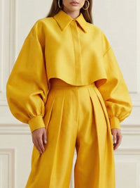 Buttoned Pleated Solid Color Long Sleeves Loose Lapel Blouses&Shirts Tops