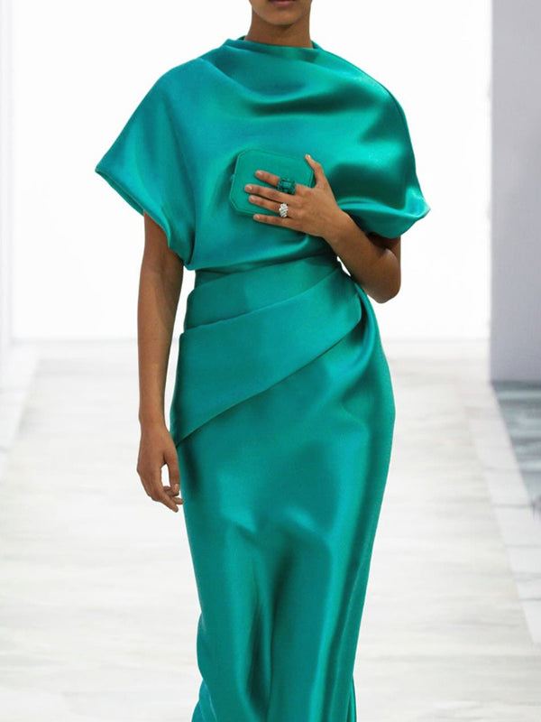 Loose Short Sleeves Pleated Solid Color Maxi Dresses