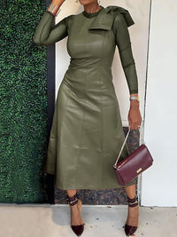 Bowknot Solid Color Split-Joint A-Line Long Sleeves Round-Neck Midi Dresses