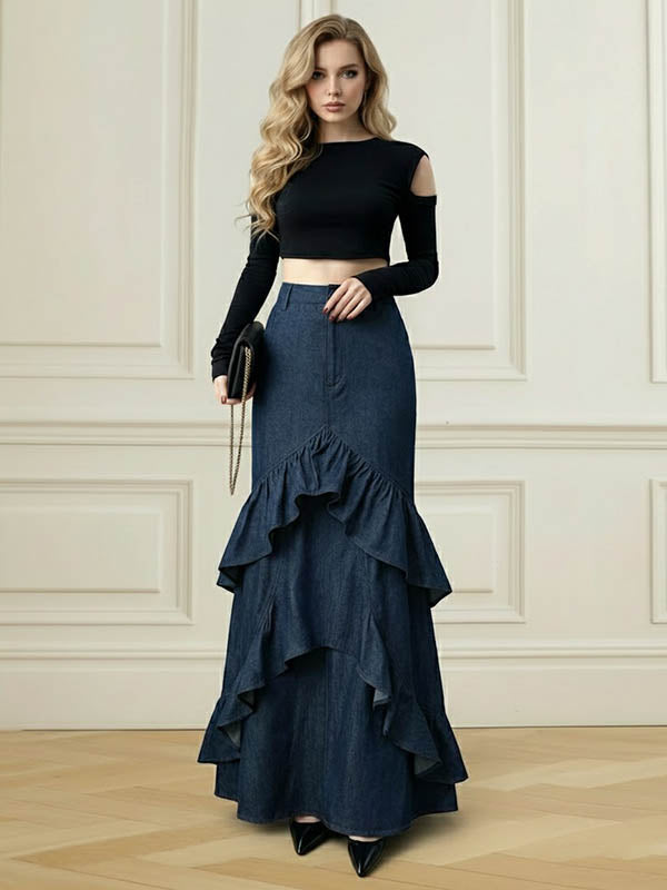 Bodycon High Waisted Ruffled Solid Color Split-Joint Skirts Bottoms