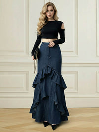 Bodycon High Waisted Ruffled Solid Color Split-Joint Skirts Bottoms