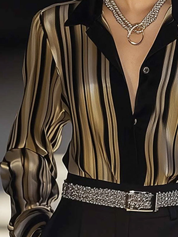 Long Sleeves Buttoned Striped Lapel Blouses&Shirts Tops