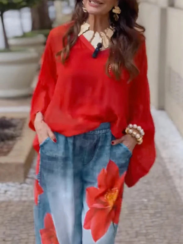 Loose Wide Leg Flower Print Jean Pants Bottoms Trousers