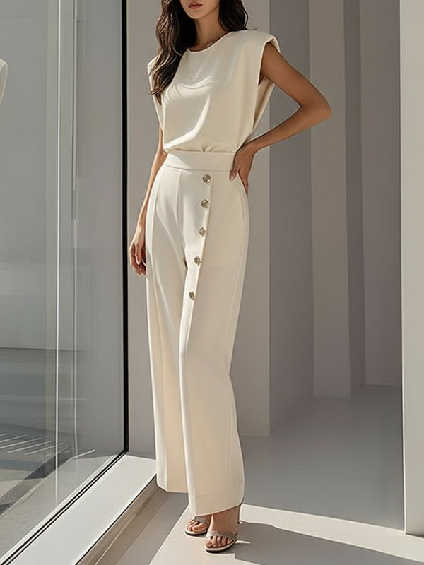 Cap Sleeve Loose Buttoned Solid Color Round-Neck Jumpsuits