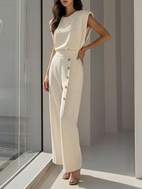 Cap Sleeve Loose Buttoned Solid Color Round-Neck Jumpsuits