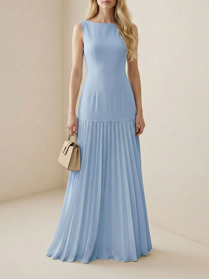 Gauze Pleated Solid Color Split-Joint Sleeveless Boat Neck Maxi Dresses Evening Dresses