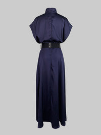 Loose Raglan Sleeve Solid Color Split-Joint Tied Waist High Neck Maxi Dresses